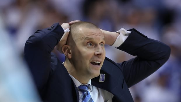 Jan 27, 2024; Provo, Utah, USA; Brigham Young Cougars head coach Mark Pope reacts after a play during the second half against the Texas Longhorns at Marriott Center. Mandatory Credit: Rob Gray-USA TODAY Sports